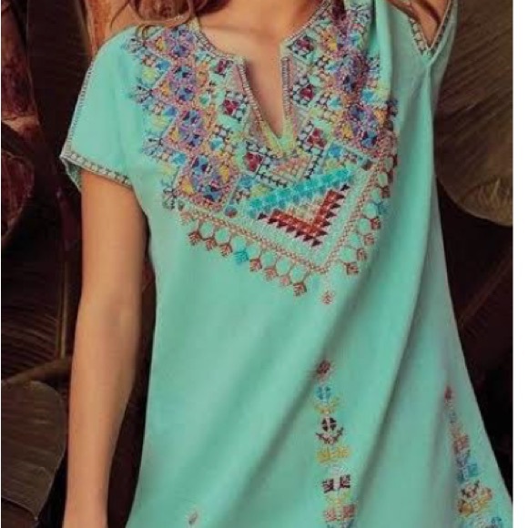 Johnny Was Dresses & Skirts - Johnny Was Turquoise Lonen Embroidered Split-Neck Tunic